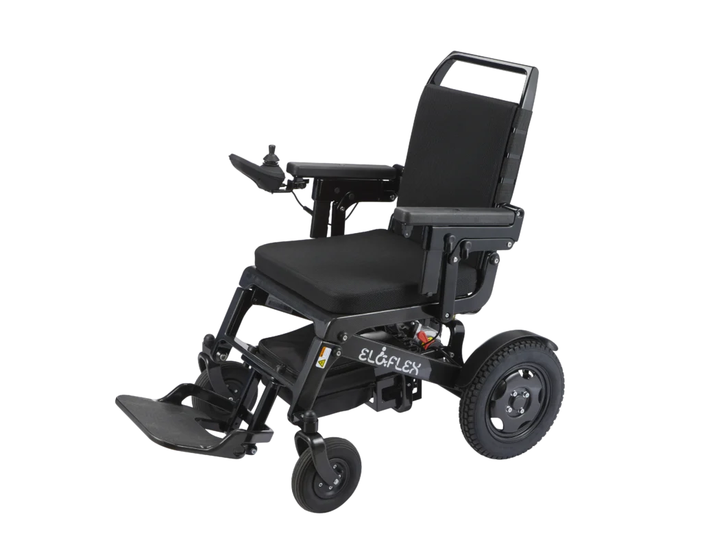 Produktbilde av Eloflex Z sammenleggbar elektriske rullestol. Sideprofil.