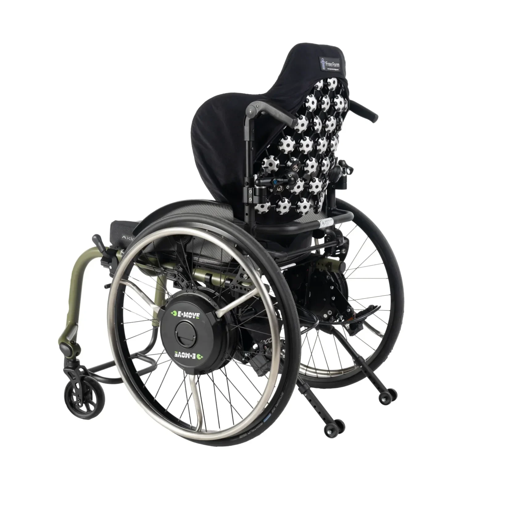 Free Form ryggsystem sett fra siden bakfra. Den er montert på en manuell rullestol.