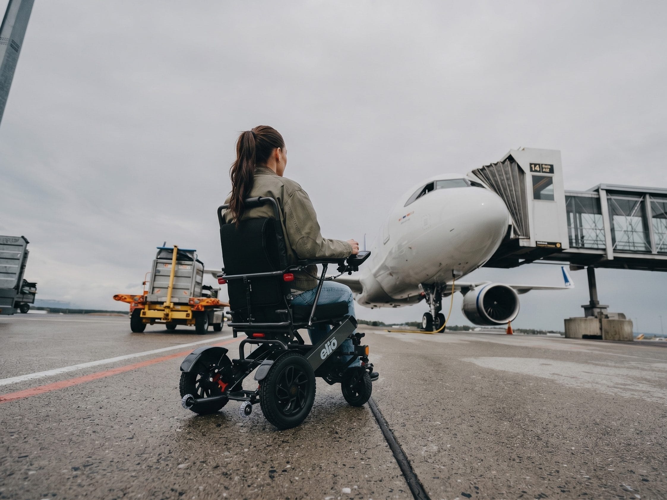 En dame ser mot flyet ute på rullebanen. Du ser henne bakfra, sittende i elio sammenelggbare elektriske rullestol.